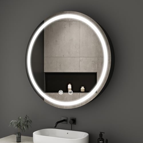 Boromal Spiegelschrank Rund mit Beleuchtung Schwarz Spiegelschrank Bad mit Beleuchtung Metall LED Badezimmerschrank mit Dimmbar + Beschlagfrei + Stecker + Ablage (60 x 60 cm) von Boromal