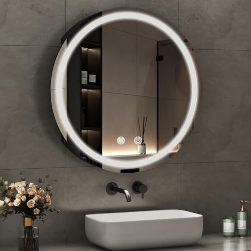 Boromal Spiegelschrank Rund mit LED Beleuchtung Spiegelschrank Bad mit Beleuchtung Schwarz Metall Badezimmerschrank Rund mit Stecker + Dimmbar + Beschlagfrei + Ablage (60 x 60 x 13 cm) von Boromal