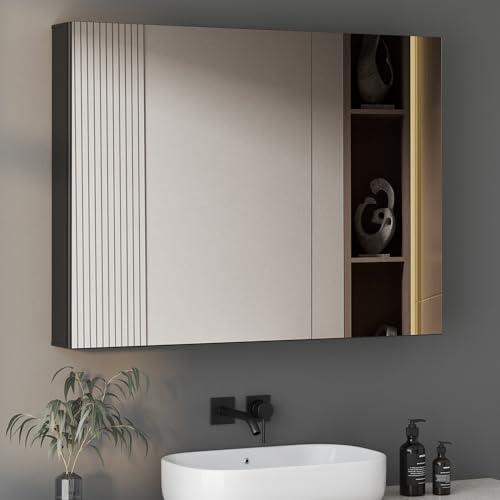 Boromal Spiegelschrank Schwarz Spiegelschrank Bad Metall Badezimmerschrank mit Spiegel Badezimmerspiegelschrank mit Verstellbare Glasablage (80 x 60 cm) von Boromal