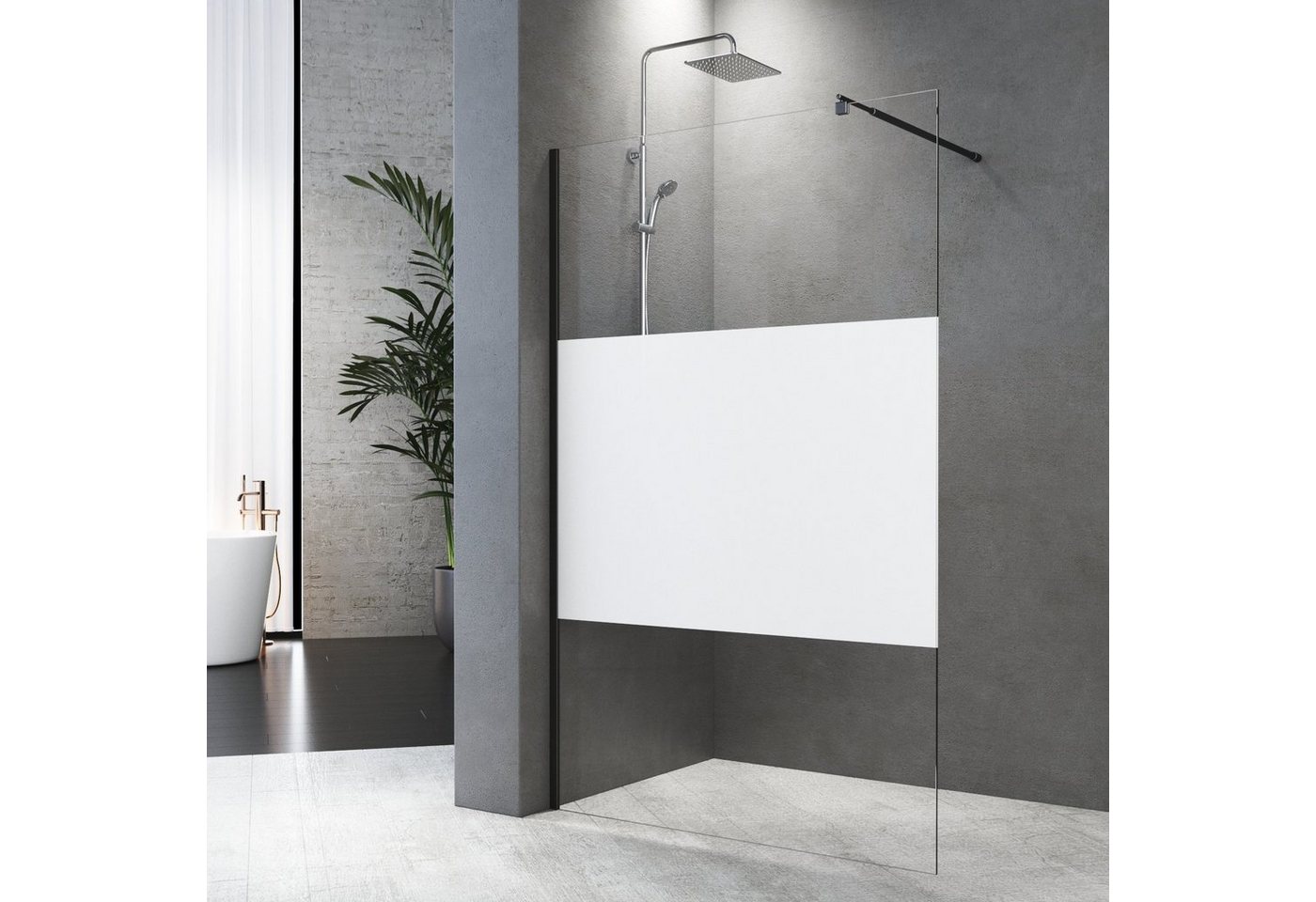 Boromal Walk-in-Dusche Schwarzes Profil Duschwand Schwarz mit haltestange B:90/100/120cm, 8mm Sicherheitsglas, (Duschabtrennung Milchglas Glas, mit Verstellbereich), mit Verstellbereich, Rechts-und Links montierbar von Boromal