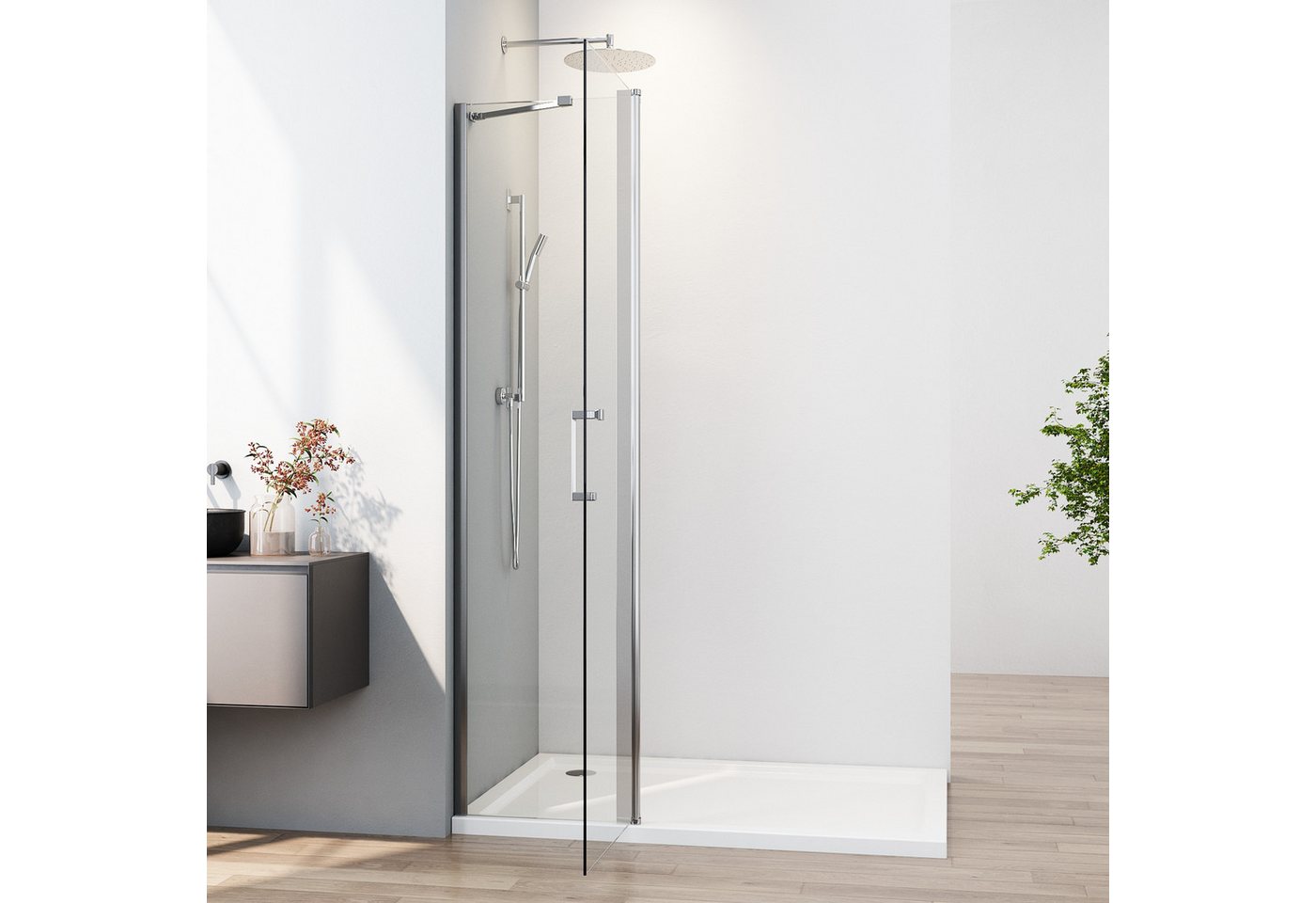 Boromal Walk-in-Dusche Walk in Duschwand 76cm Pendeltür 6 mm ESG Glas mit Nano 185H, Einscheiben-Sicherheitsglas, mit Zink-Druckguss-Haltestange von Boromal