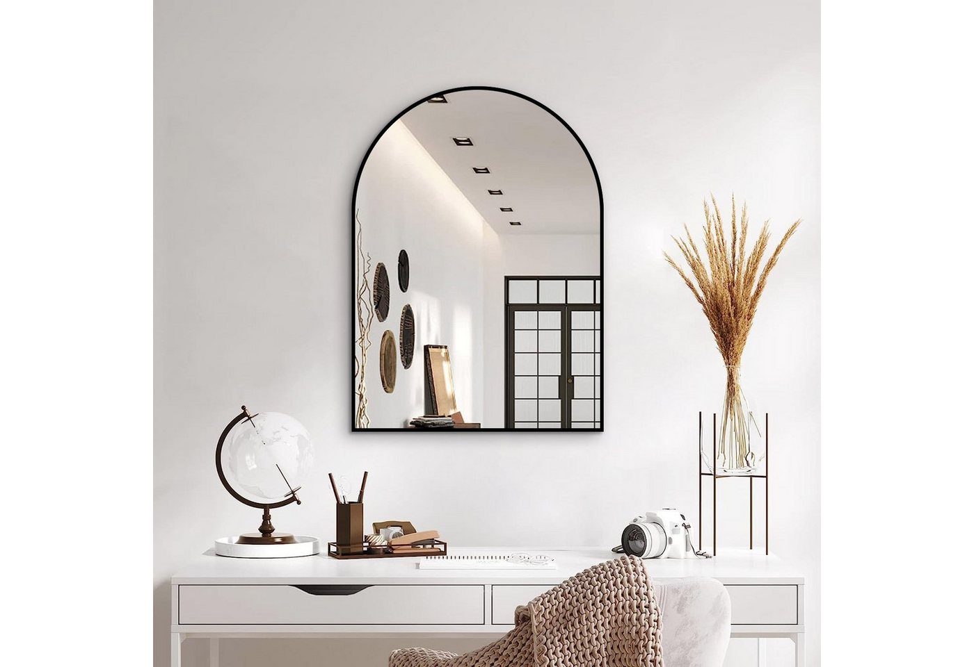 Boromal Wandspiegel Badspiegel 50x70 cm Spiegel Bad Wand Flurspiegel Schwarz Rundbogen (Badezimmerspiegel Schminkspiegel Türspiegel Halbrund Flur WC, bogen), schmaler Metall Rahmen, HD Kupfer- und bleifreier Spiegel von Boromal