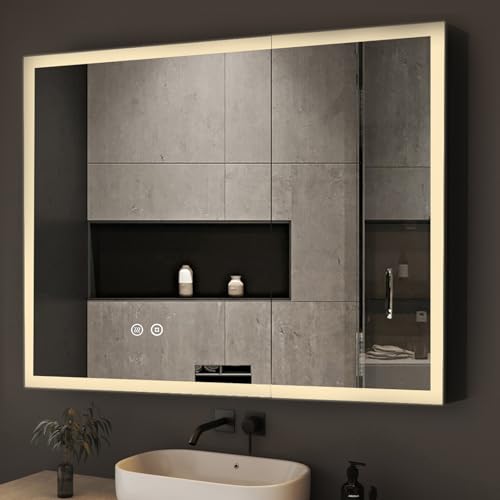 Spiegelschrank Bad mit LED Beleuchtung 80 x 60 x 13 cm Schwarz Badezimmer Spiegelschrank mit Beleuchtung Metall Badezimmerschrank mit Dimmbar, Beschlagfrei, Stecker und Verstellbare Glasablage von Boromal