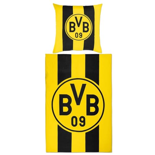 Borussia Dortmund BVB BETTWÄSCHE Blockstreifen 135 X 200 cm: Bettbezug und Kissenbezug mit Knöpfen, Streifen-Design, 100% Baumwolle, Gelb von Borussia Dortmund