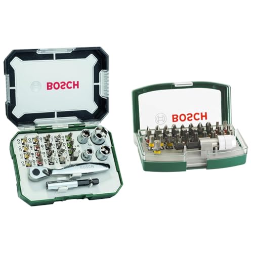 Bosch 26tlg. Schrauberbit- und Ratschen-Set (Extra harte Qualität, Zubehör Bohrschrauber und Schraubendreher) & 32-teiliges Schraubendreher-Bit-Set mit Farbcodierung, Einzelpackung von Bosch Accessories