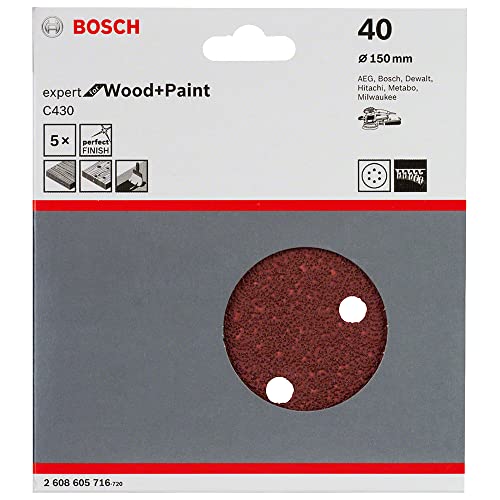 Bosch Accessories Bosch Professional Schleifblatt für Exzenterschleifer Holz und Farbe (5 Stück, Ø 150 mm, Körnung 40, C430), Grau (Gris) von Bosch
