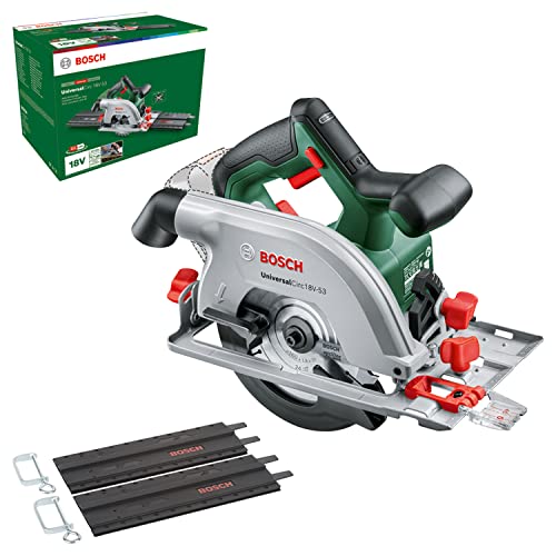Bosch Akku-Kreissäge UniversalCirc 18V-53 (Präzises Sägen in jedem Holzmaterial; max. Schnitttiefe 53 mm; 2 tlg. Führungsschienenset; 18 Volt System; ohne Akku) – Amazon Edition von Bosch