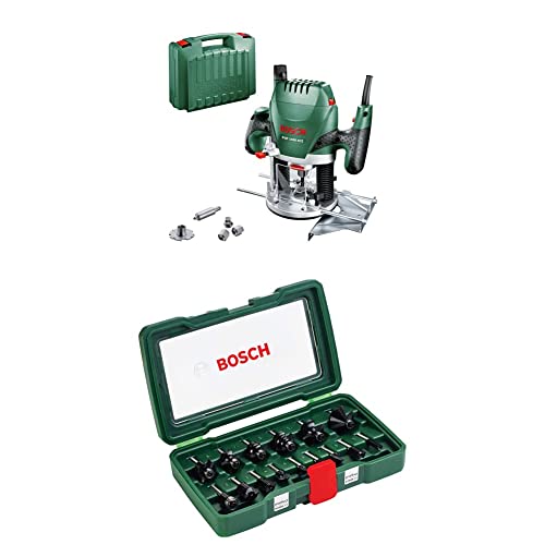 Bosch Oberfräse POF 1400 ACE (3 x Spannzange, Fräser, Parallelanschlag, Absaugadapter, Koffer) + 15tlg. Hartmetall Fräser Set (für Holz, 1/4 Zoll Schaft) von Bosch Accessories