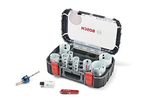 Bosch Professional 14-teiliges BiM Lochsägen Universal Set Progressor for Wood & Metal + Victorinox Taschenmesser (für Holz und Metal, Ø 20-76 mm, Zubehör Bohrmaschine) von Bosch Accessories