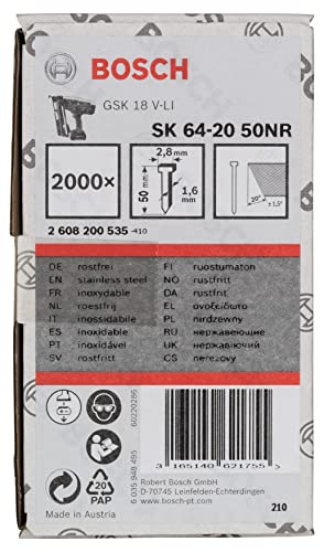 Bosch Professional 2000x Senkkopf-Stift SK64 20NR (1.6/16 g 20°, 2.8x1.35x50 mm, Edelstahl, Zubehör für Nagelpistolen) von Bosch Accessories