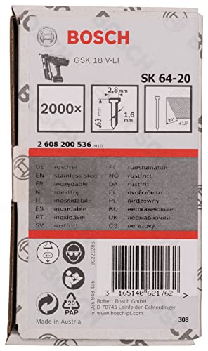 Bosch Professional 2000x Senkkopf-Stift SK64 20NR (für Holzleiste, Spanplatte, Gipsfaserplatten, 63 mm, Edelstahl, Zubehör für Nagelpistolen) von Bosch