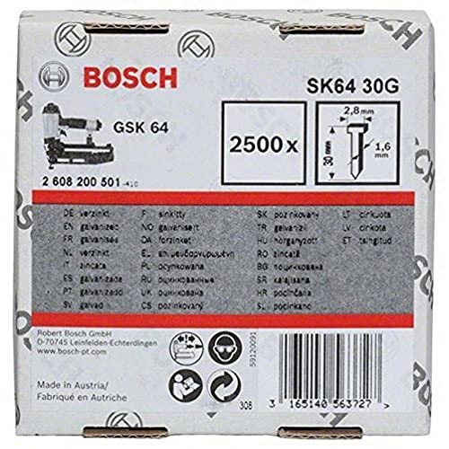 Bosch Professional 2500x Senkkopf-Stift SK64 25G (1.6/16 g, 2.8x1.45x30 mm, Verzinkt, Zubehör für Nagelpistolen, Druckluftnagler) Bosch Professional 2500x Senkkopf-Stift SK64 25G (1.6/16 g, 2.8x1.45x30 mm, Verzinkt, Zubehör für Nagelpistolen, Druckluftnagler) von Bosch