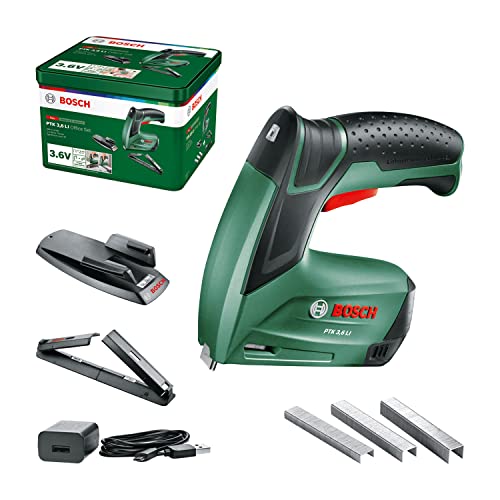 Bosch Home and Garden Bosch Akku Tacker PTK 3,6 LI Office Set mit Papierhefter und Broschürenhefter (Integrierter Akku, 3,6 Volt, Hefterset, 30 Schläge/min, in Metalldose) von Bosch Home and Garden