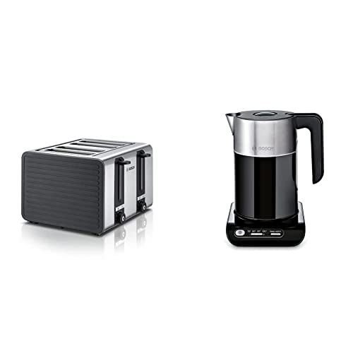 Bosch 4-Schlitz Toaster TAT7S45, mit Abschaltautomatik, mit Auftaufunktion, 1800 W, Edelstahl/grau & Bosch kabelloser Wasserkocher, Abschaltautomatik, Überhitzungsschutz, 1,5 L, 2400 W, schwarz von Bosch Hausgeräte
