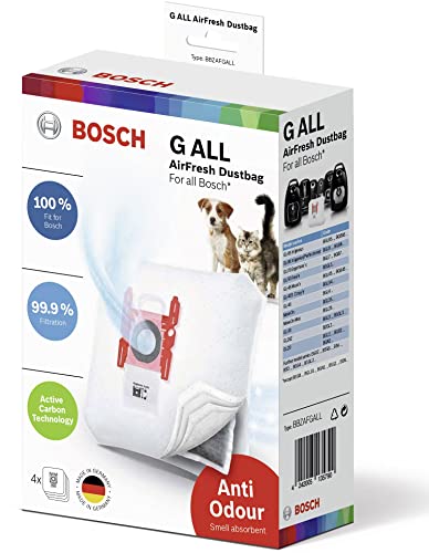 Bosch 4x Staubsaugerbeutel AirFresh Typ G ALL BBZAFGALL, 99,9% Feinstaubfilterung, ideal für Tierbesitzer, 50% längere Nutzungsdauer, für alle Reihen außer BSG8 und BSN von Bosch Hausgeräte