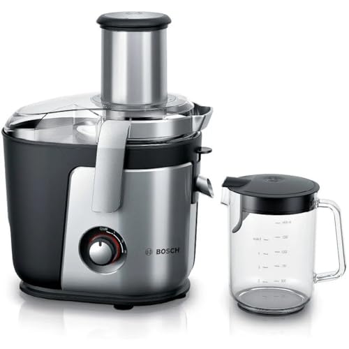 Bosch Entsafter VitaJuice 4 MES4010, Entsafter für Obst und Gemüse, extra großer Einfüllschacht, 1,5l Saftbehälter, mehrere Geschwindigkeiten, spülmaschinengeeignet, 1.200 W, schwarz / silber von Bosch Hausgeräte