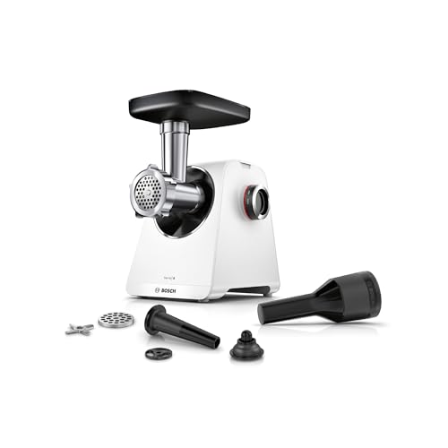 Bosch MultiPower Serie 6 Fleischwolf MFWS607W, 2 Lochscheiben (4,5 und 8 mm), Edelstahl, spülmaschinenfest, Kebbe- und Wurst-Aufsatz, Motorblockleistung 2.100 W, Weiß von Bosch Hausgeräte