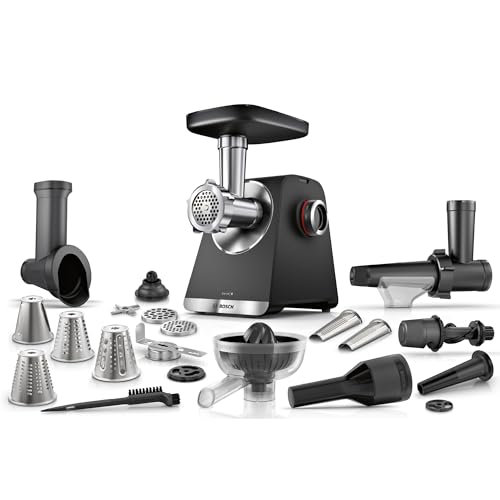 Bosch MultiPower Serie 6 Fleischwolf MFWS682B, Reibe-, Kebbe- und Wurst-Aufsatz, Entsafter, Gebäck-Aufsatz, Zitruspresse, Mühle, 3 Lochscheiben (3, 4,5 und 8 mm), Motorblockleistung 2.100 W, Schwarz von Bosch