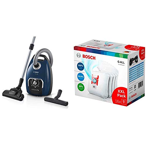 Bosch Hausgeräte Serie 8 BGB75X494, Staubsauger mit Beutel, blau + BBZ16GALL Staubsaugerbeutel PowerProtect, Stück mit Verschluss, passend für alle Baureihen außer BSG8, BSN1, 16 Staubbeutel von Bosch Hausgeräte