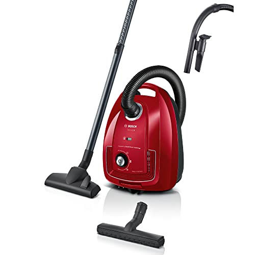 Bosch Hausgeräte Staubsauger mit Beutel Serie 4 BGD38RD1H, nachhaltig, Hygiene-Filter, 10 Jahre Motorgarantie, Hartbodendüse, Zubehör-Clip, Polsterdüse, Fugendüse, hohe Saugkraft, 600 W, rot von Bosch Hausgeräte