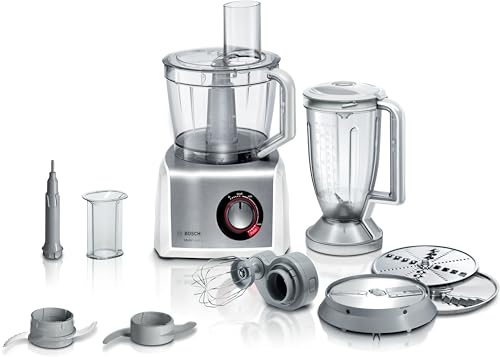 Bosch Kompakt-Küchenmaschine MultiTalent 8 MC812S814, 45 Funktionen, XXL-Rührschüssel 3,9 L, Mixer 1,5 L, Universalmesser, Rührbesen, schneiden und raspeln (fein,grob), 1250 W, weiß/edelstahl von Bosch Hausgeräte