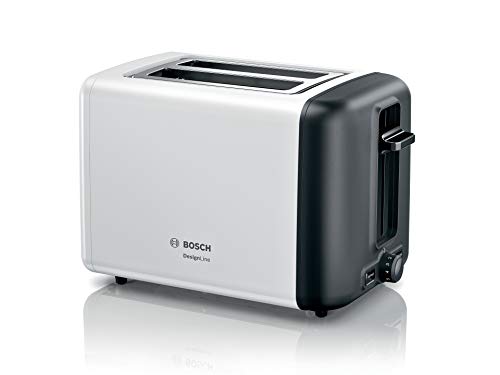Bosch Kompakt Toaster DesignLine TAT3P421DE, integrierter Edelstahl-Brötchenaufsatz, mit Abschaltautomatik, mit Auftaufunktion, perfekt für 2 Scheiben Toast, Liftfunktion, breit, 970 W, weiß von Bosch Hausgeräte