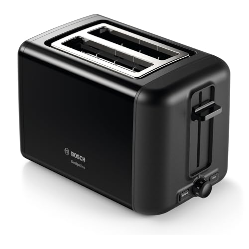 Bosch Kompakt Toaster DesignLine TAT3P423DE, Integrierter Edelstahl-Brötchenaufsatz, Mit Abschaltautomatik, Mit Auftaufunktion, Perfekt Für 2 Scheiben Toast, Liftfunktion, Breit, 970 W, Schwarz von Bosch