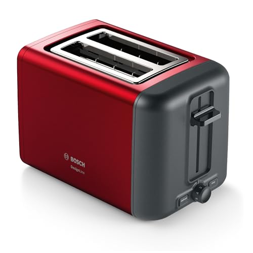 Bosch Kompakt Toaster DesignLine TAT3P424DE, integrierter Edelstahl-Brötchenaufsatz, mit Abschaltautomatik, mit Auftaufunktion, perfekt für 2 Scheiben Toast, Liftfunktion, breit, 970 W, rot von Bosch Hausgeräte