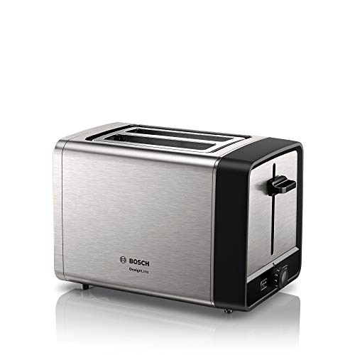 Bosch Kompakt Toaster DesignLine TAT5P420DE, integrierter Edelstahl-Brötchenaufsatz, mit Abschaltautomatik, mit Auftaufunktion, perfekt für 2 Scheiben Toast, Liftfunktion, breit, 970 W, Edelstahl von Bosch Hausgeräte