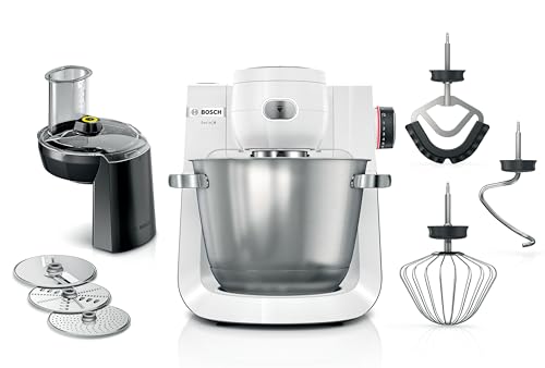 Bosch Küchenmaschine Serie 6 MUMS6EW13D, NEU, 7 Geschwindigkeitsstufen, 5,5l Schüssel, Durchlaufschnitzler, 3 Scheiben, Knethaken, Rührbesen, Silikonbesen, spülmaschinenfest, 1.600 W, silber/weiß von Bosch Hausgeräte