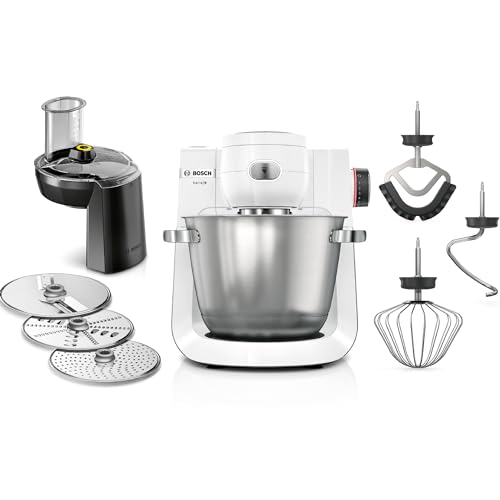 Bosch Küchenmaschine Serie 6 MUMS6EW13D, NEU, 7 Geschwindigkeitsstufen, 5,5l Schüssel, Durchlaufschnitzler, 3 Scheiben, Knethaken, Rührbesen, Silikonbesen, spülmaschinenfest, 1.600 W, silber/weiß von Bosch Hausgeräte