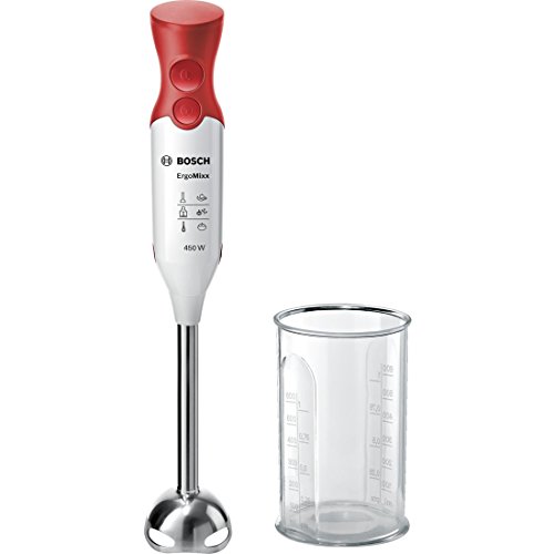 Bosch Hausgeräte MSM64110 ergonomischer Stabmixer mit Edelstahl-Mixfuß QuattroBlade (450 W) Rot, Weiß von Bosch Hausgeräte