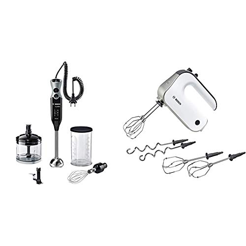 Bosch MSM67170 ErgoMixx Stabmixer-Set (Edelstahl-Mixfuß, Mixbecher, 12 Geschwindigkeitsstufen, 750 Watt) schwarz/grau & MFQ4835DE Styline, Premium-Handrührer, 2 Paar Rührbesen, 575 W, Edelstahl, weiß von Bosch Hausgeräte