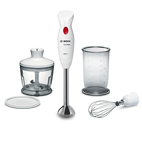 Bosch Stabmixer CleverMixx MSM24500, Edelstahl-Mixfuß, Mix- und Messbecher, Schneebesen, leichtes Gehäuse, 4-Klingen-Messer, einfache Reinigung, 400 W, weiß/rot von Bosch Hausgeräte