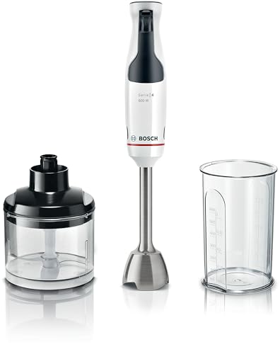 Bosch Stabmixer ErgoMaster Serie 4 MSM4W220, Zerkleinerer, einhändig bedienbar, Edelstahl-Klingen, verschleißfreie Keramik-Kupplung, Mixbecher, QuattroBlade, AntiSplash, Einschaltsperre, 600 W, weiß von Bosch Hausgeräte