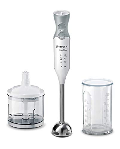 Bosch Stabmixer ErgoMixx MSM66120, Edelstahl-Mixfuß, Mix- und Messbecher, 4-Klingen-Messer, ergonomisches Design, 12 Stufen plus Turbo, 600 W, weiß/grau von Bosch Hausgeräte