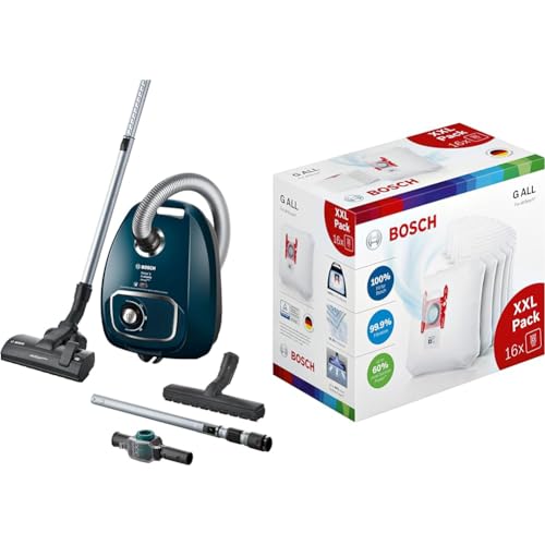 Bosch Staubsauger mit Beutel Cosyy'y ProFamily Serie 4 BGLS4A444, Bodenstaubsauger, 700 W, blau & 16x Staubsaugerbeutel Typ G All BBZ16GALL, 99,9% Feinstaubfilterung, höhere Reinigungsleistung von Bosch Hausgeräte