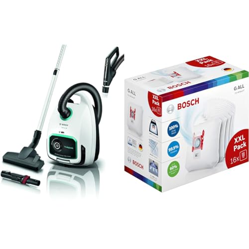 Bosch Staubsauger mit Beutel ProHygienic Serie 6 BGL6LHYG, Bodenstaubsauger, 600 W, weiß & 16x Staubsaugerbeutel Typ G All BBZ16GALL, 99,9% Feinstaubfilterung, 50% längere Nutzungsdauer von Bosch Hausgeräte