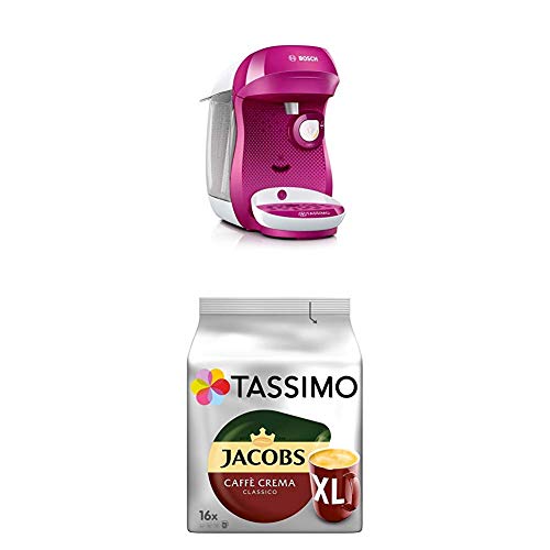 Bosch TAS1001 Tassimo Happy Kapselmaschine,1300 W, platzsparend, große Getränkevielfalt, TasWild purple + Tassimo Jacobs Caffè Crema Classico XL, 5er Pack Kaffee T Discs (5 x 16 Getränke) von Bosch Hausgeräte