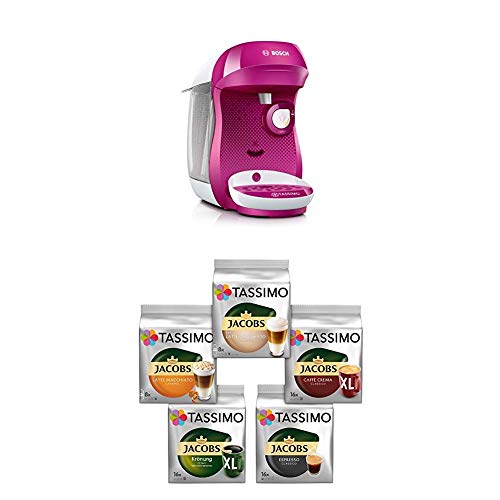 Bosch TAS1001 Tassimo Happy Kapselmaschine,1300 W, platzsparend, große Getränkevielfalt, TasWild purple + Tassimo Vielfaltspaket - 5 verschiedene Packungen kaffeehaltiger Getränke T Discs (1 x 927 g) von Bosch Hausgeräte