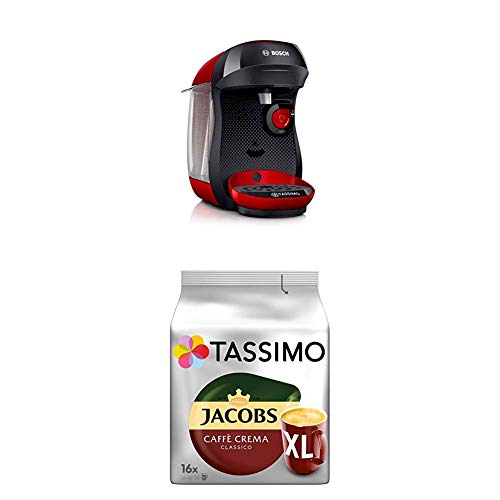 Bosch TAS1003 Tassimo Happy Kapselmaschine,1300 W, platzsparend, große Getränkevielfalt, just red + Tassimo Jacobs Caffè Crema Classico XL, 5er Pack Kaffee T Discs (5 x 16 Getränke) von Bosch Hausgeräte