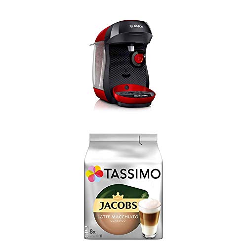 Bosch TAS1003 Tassimo Happy Kapselmaschine,1300 W, platzsparend, große Getränkevielfalt, just red + Tassimo Jacobs Typ Latte Macchiato Classico, 5er Pack Kaffeespezialität T Discs (5 x 8 Getränke) von Bosch Hausgeräte