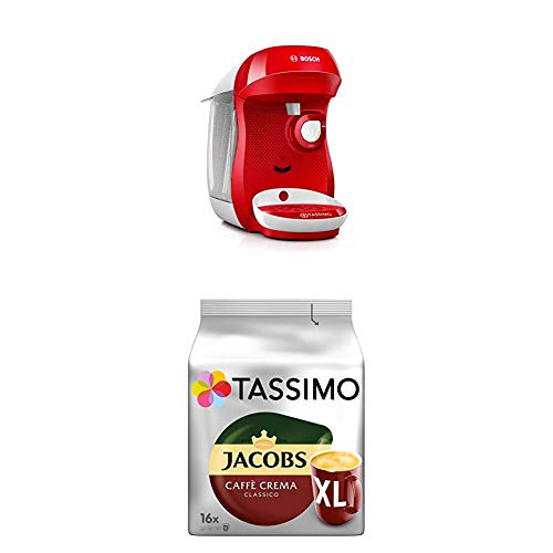 Bosch TAS1006 Tassimo Happy Kapselmaschine,1300 W, platzsparend, große Getränkevielfalt, bright red + Tassimo Jacobs Caffè Crema Classico XL, 5er Pack Kaffee T Discs (5 x 16 Getränke) von Bosch Hausgeräte