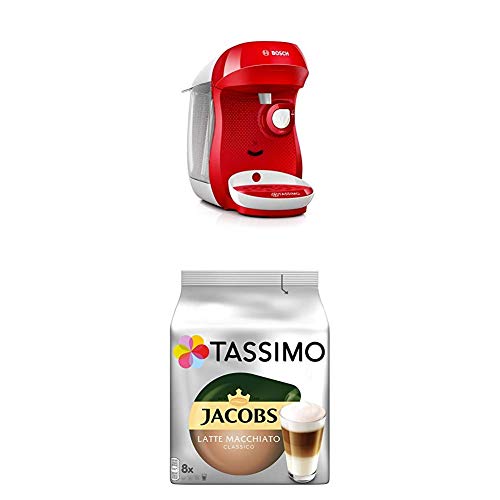 Bosch TAS1006 Tassimo Happy Kapselmaschine,1300 W, platzsparend, große Getränkevielfalt, bright red + Tassimo Jacobs Typ Latte Macchiato Classico, 5er Pack Kaffeespezialität T Discs (5 x 8 Getränke) von Bosch Hausgeräte