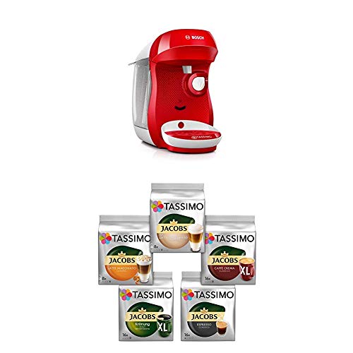 Bosch TAS1006 Tassimo Happy Kapselmaschine,1300 W, platzsparend, große Getränkevielfalt, bright red + Tassimo Vielfaltspaket - 5 verschiedene Packungen kaffeehaltiger Getränke T Discs (1 x 927 g) von Bosch Hausgeräte