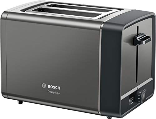 Bosch Kompakt Toaster DesignLine TAT5P425DE, integrierter Edelstahl-Brötchenaufsatz, mit Abschaltautomatik, mit Auftaufunktion, perfekt für 2 Scheiben Toast, Liftfunktion, breit, 970 W, grau von Bosch Hausgeräte