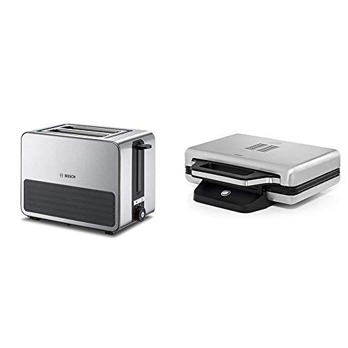 Bosch TAT7S25 Kompakt-Toaster, Auftau/Aufknusperfunktion, 1050 W, Edelstahl/schwarz & WMF Lono Sandwich Maker, für 2 Standard- oder XXL-Toasts, 2-stufige Höhenanpassung, edelstahl matt von Bosch Hausgeräte