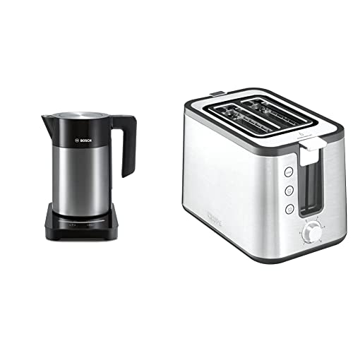 Bosch TWK7203 kabelloser Wasserkocher, Abschaltautomatik, 1,7 L, 2200 W, schwarz & Krups KH442D Control Line Premium Toaster | Edelstahl | 2 kurze Schlitze für 2 Scheiben | 850 W | Silber/Schwarz von Bosch Hausgeräte