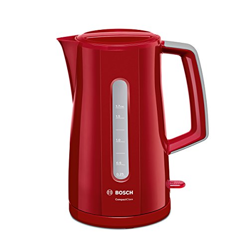 Bosch kabelloser Wasserkocher CompactClassTWK3A014, schnelles Aufheizen, Wasserstandsanzeige beidseitig, Überhitzungsschutz, 1,7 L, 2400 W, rot von Bosch Hausgeräte