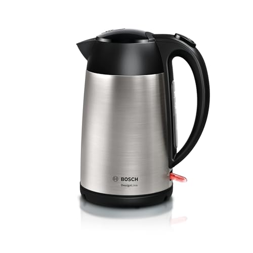 Bosch kabelloser Wasserkocher DesignLine TWK3P420, Ausgießen ohne Spritzer, Tassenanzeige, Überhitzungsschutz, 1,7 L, 2400 W, Edelstahl/schwarz von Bosch Hausgeräte